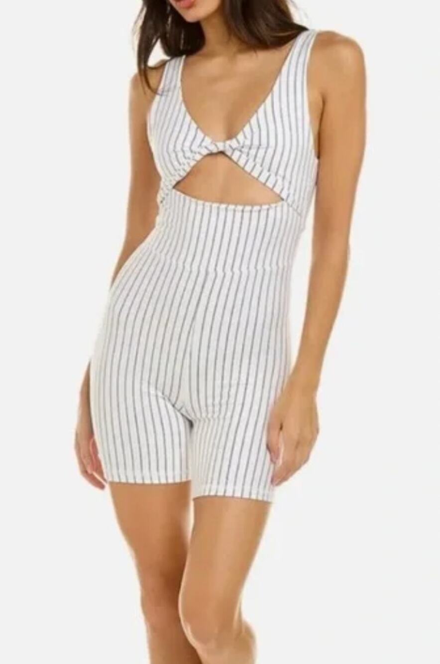 WeWoreWhat White Black Pinstripe Twist Cutout Bodysuit Romper XL